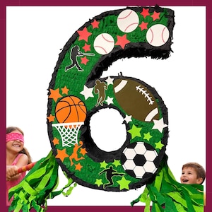 May include: A large number six piñata decorated with sports-themed cutouts. The piñata features baseballs, a basketball, a football, and a soccer ball. The number is green and black with star accents and green fringe.