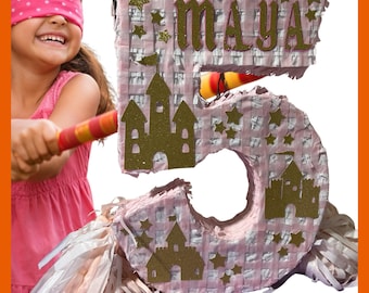 23" Number Piñata with Princesses, Castles, and Crowns. Very sturdy for extra fun. Choose your colors and details. Secure shipping