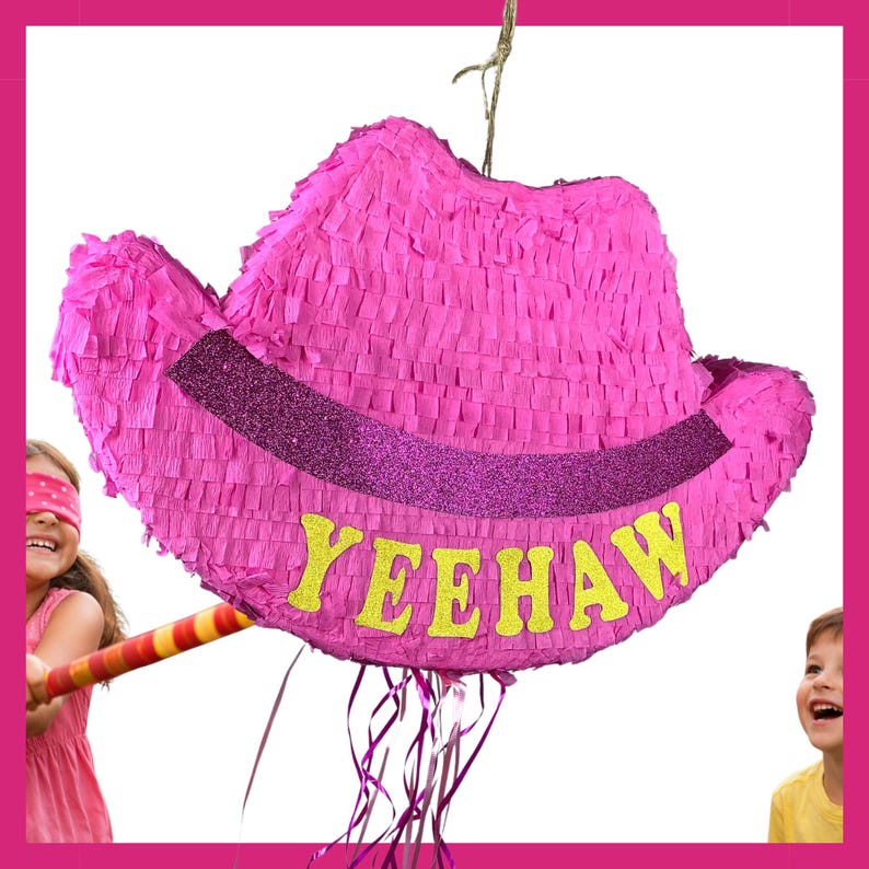 Pinke Cowgirl-Hut-Piñata (58 cm). Stoßfest für extra viel Spaß, individuell gestaltbar. Farben und Details frei wählbar. Bild 1