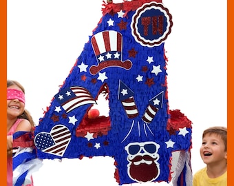 23" Number 4 of July Piñata. Sturdy for extra fun, ideal for birthdays. You can choose colors and details.