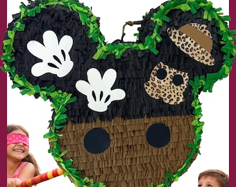 20" Musse Pigg Djungelsafari-piñata. Stöttålig för extra skoj. Välj dina färger, karaktärer och detaljer.