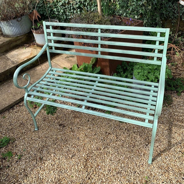 Aged Green Slatted Garden Bench