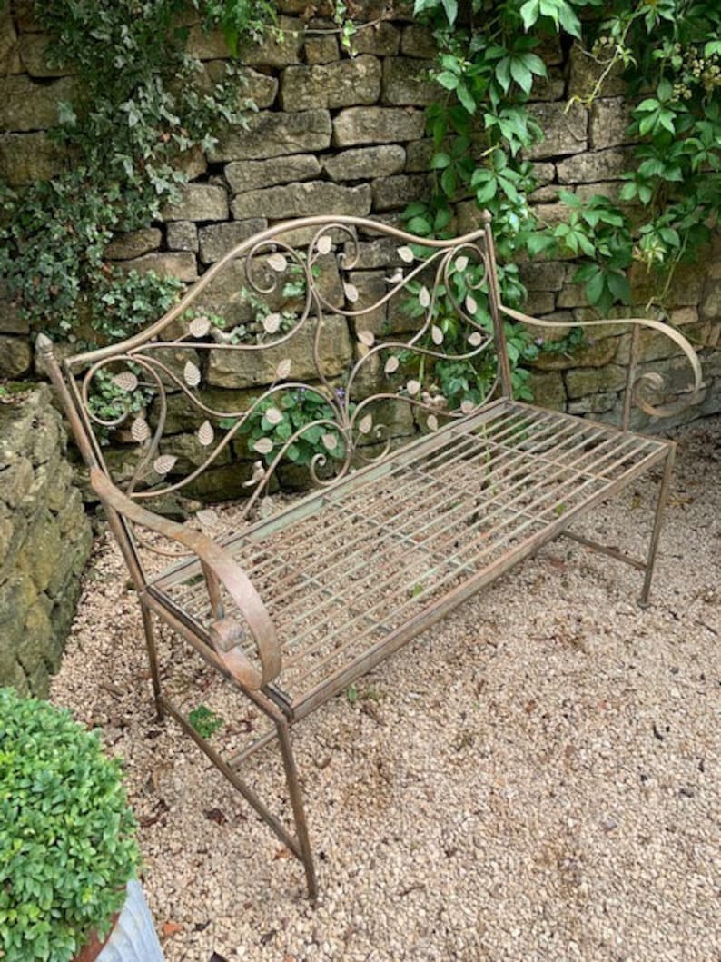 Metal Garden Bench Bird Leaf Design Etsy