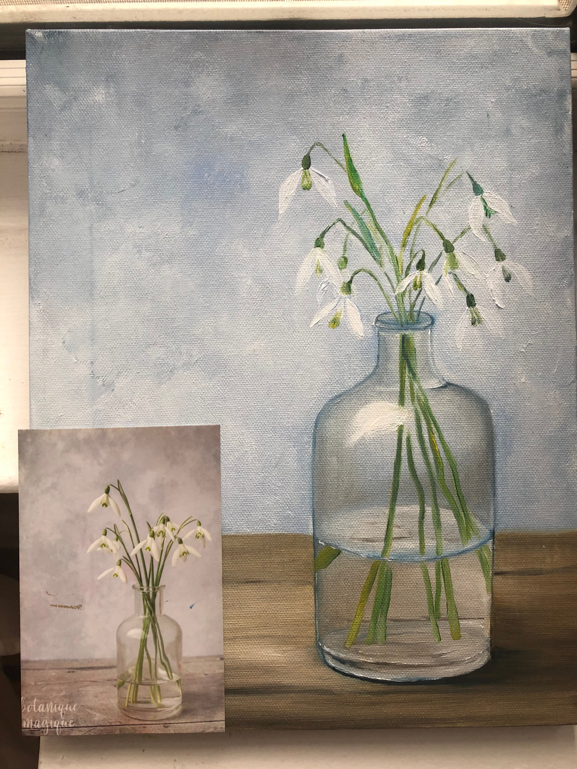 oil on canvas snow drops on the painting still life with flowers texture oil painting still life for dinner room. Original oil painting