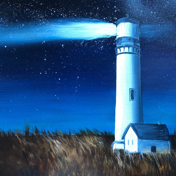 Oil Painting Original Californian Lighthouse In The Night | Original Artwork Painting Made With Oil Size 12x16 By SvitsArt