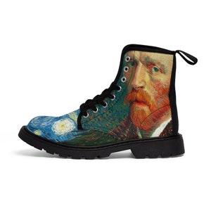 Van Gogh Starry Night And Self Portrait Printed Women&#39;s Canvas Boots Winter Boots,Rain Boots, Hippie Boots