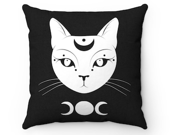 Wiccan Cat And Moon Witchy Home Decor Spun Polyester Square Pillow,Witchy Throw Pillow Witchcraft Decor Gift for Living Room, Bedro