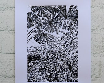 Garden Inspiration - Fan Palm & Gingers - Original Lino Print