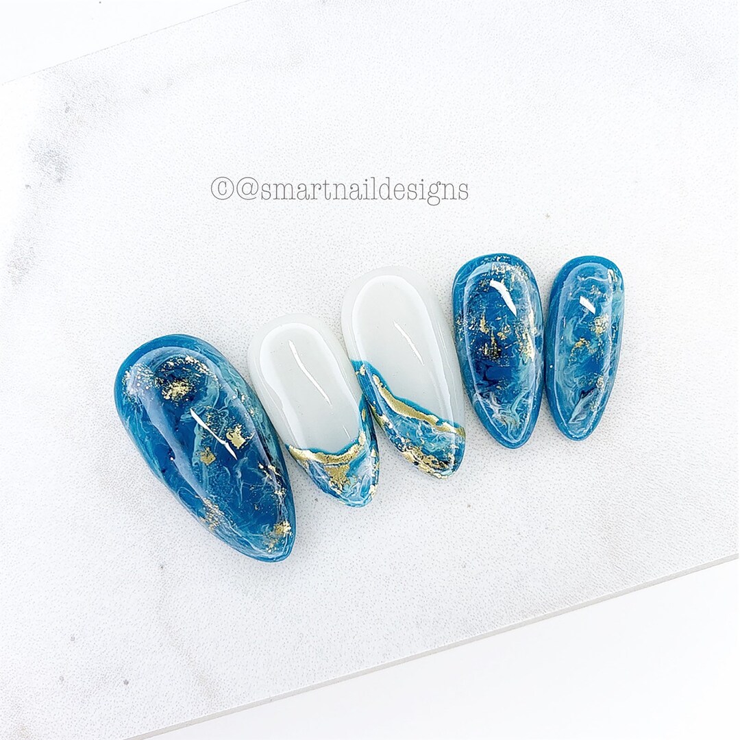 Press on Nails in Teal Marble Vortex Nails False Nails Press on Nails ...