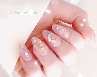 Press On Nails in Pink Pearl Moon | Nails | False Nails | Press On Nails | Acrylic Nails | Kawaii Nails | Nails in image are Medium Almond