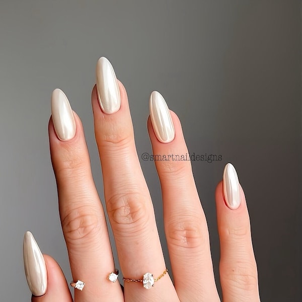 Press On Nails in Ivory Chrome  | Chrome Nails | Ivory Nails | Press On Nails | wedding Nails | Nails in image are Medium Almond