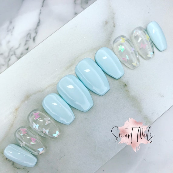 Press On Nails In Baby Blue Butterfly Nails False Nails Etsy