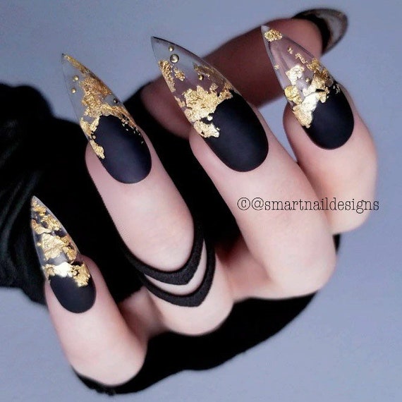 Gold Flakes Press on Nails& Pearl Long Coffin Nails/gel Reusable Set of  20/almond/square/stiletto/ All Sizes 