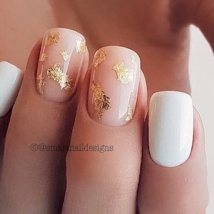 White with Gold Foil Press On Nails in Natural White Nails | Acrylic Nails | Natural Nails | Luxury Nails | Nails in image, Short Square