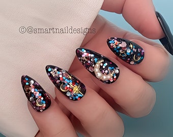 Space Press On Nails in Cosmos | Glitter Nails | Galaxy Nails | Luxury Nails | Acrylic Nails | Kawaii Nails | Nails in image, Medium Almond