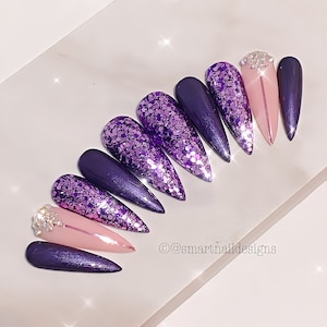 Press On Nails in Magenta Sparkle| Acrylic Nails | Glitter Nails | Custom Nails | Nails in this image are Long Stiletto