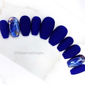 Press On Nails in Matte Royal Navy Ocean | Nails | False Nails | Press On Nails | Stick On Nails | Nails in image are Medium Coffin Shape