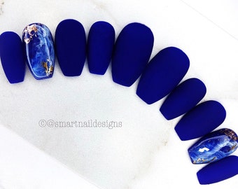 Press On Nails in Matte Royal Navy Ocean | Nails | False Nails | Press On Nails | Stick On Nails | Nails in image are Medium Coffin Shape