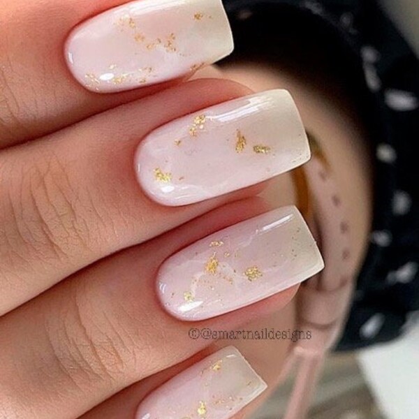 Milky Marble Gold Foil Gel Press On Nails | Acrylic Nails | Milk Nails |False Nails | Natural Nails | Nails in this image, Medium Square