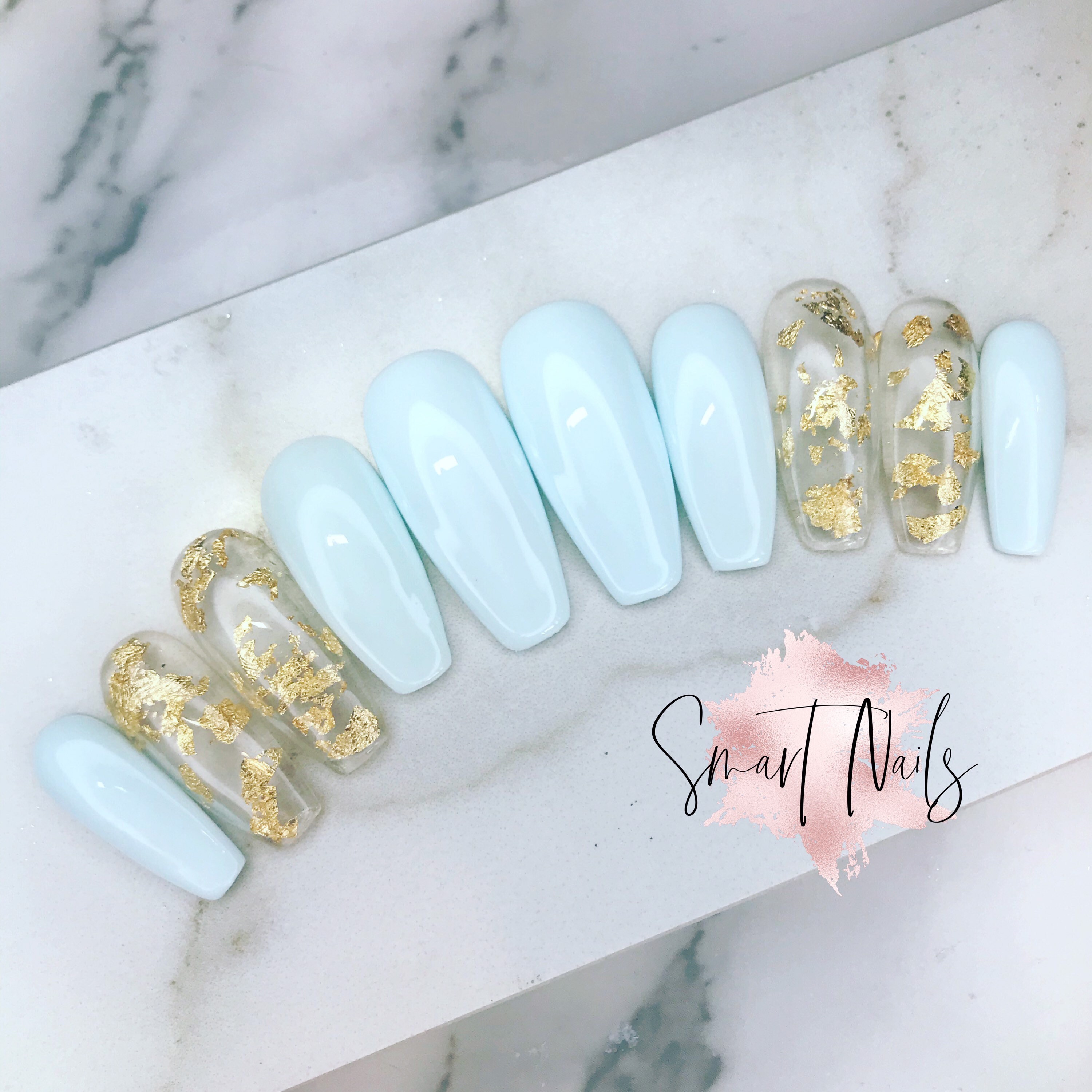 Press On Nails Baby Blue Gold Leaf Nails False Nails Etsy