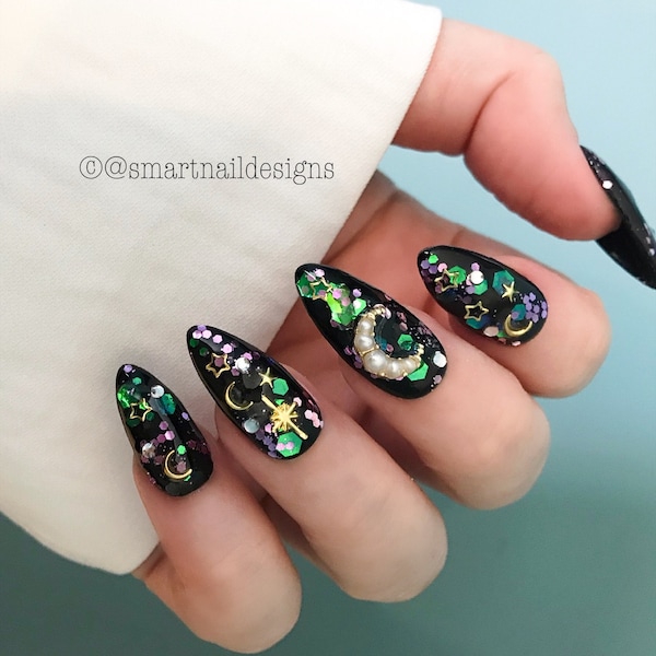 Space Press On Nails in Andromeda | Glitter False Nails | Press On Nails | Acrylic Nails | Galaxy Nails | Nails in image, Medium Almond