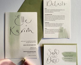 Olive green wedding invitation, olive green wedding invite, olive green wedding stationery suite, customisable wedding invite