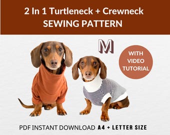Dog Jumper Sewing Pattern - 2 Designs | Dachshund Size (M) | Video Tutorial | Long Dog Sweater | PDF download | Turtleneck + Crewneck
