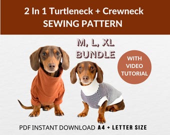 Sewing Pattern Bundle (M, L, XL) - 2 Designs | Dachshund size | Video Instructions | PDF download | Turtleneck Fleece + Crewneck Jumper