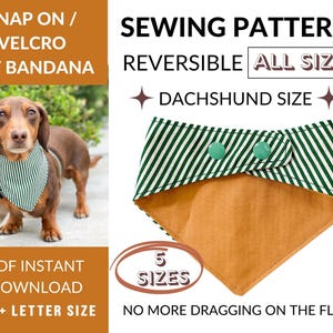 May include: Sewing pattern for a reversible pet bandana in five sizes. The pattern includes a dachshund size. The bandana is green and white striped with a brown underside. The pattern is available as an instant PDF download in A4 and letter sizes.