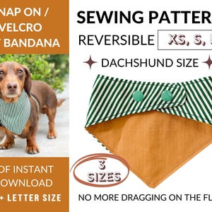Puede incluir: Patrón de costura para una bandana reversible para mascotas a rayas verdes y blancas con un reverso marrón. El patrón incluye tres tallas: XS, S y M. El patrón es para perros de tamaño dachshund. El patrón es una descarga instantánea en PDF y está disponible en tamaño A4 y carta.