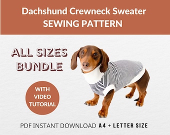Paquete de todos los tamaños / Patrón de costura de jersey de cuello redondo para perro salchicha / Tutorial en video / Instrucciones con fotos / Suéter largo para perro / Suéter de cuello alto
