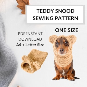 Peut inclure: Patron de couture Teddy Snoood - Taille unique. Téléchargement instantané PDF. A4 + format lettre. Un petit chien porte un snood en peluche marron.