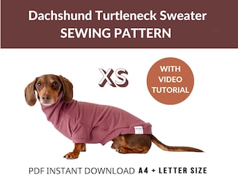 Patrón de costura de suéter de cuello alto para perro salchicha / Talla XS / Videotutorial / Instrucciones con fotos / Suéter largo para perro