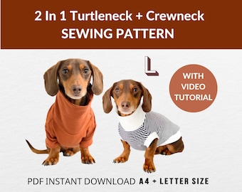 Dog Jumper Sewing Pattern - 2 Designs | Dachshund Size (L) | Video Tutorial | Long Dog Sweater | PDF download | Turtleneck + Crewneck