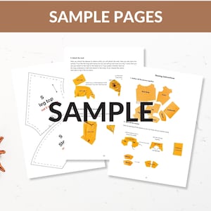 May include: Sample pages from a sewing pattern for a plush toy. The pages show the pattern pieces and instructions for sewing the toy together. The pattern pieces are labeled with names like "leg top" and "back body".