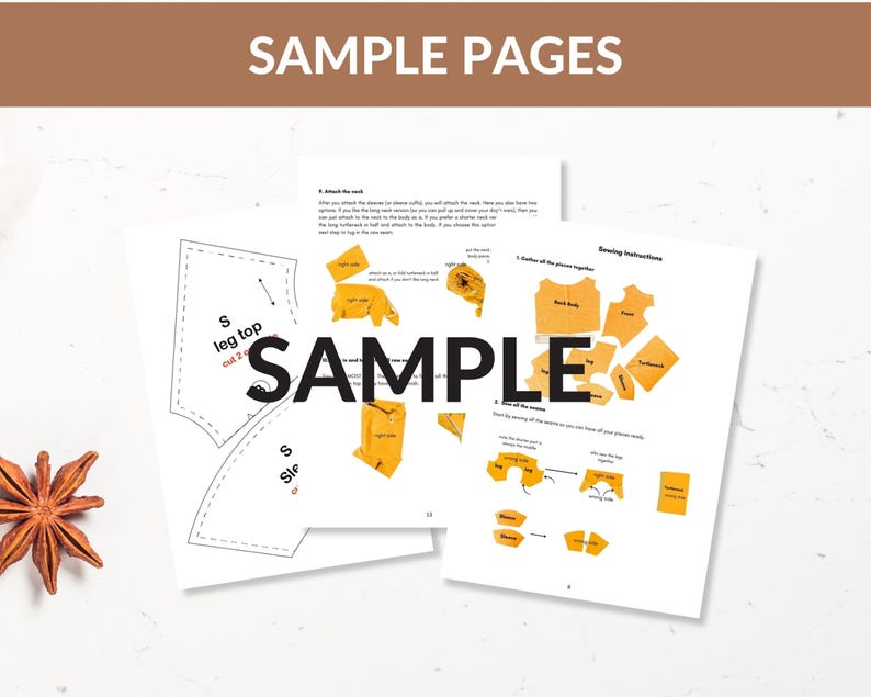 May include: Sample pages from a sewing pattern for a plush toy. The pages show the pattern pieces and instructions for sewing the toy together. The pattern pieces are labeled with names like "leg top" and "back body".