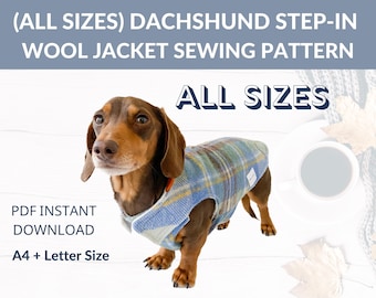 Bundle (All sizes) Dachshund Wool Coat | Step-in design | Sewing Pattern | Winter jacket for wieners | Long dog coat | Phone instructions