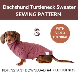May include: A sewing pattern for a dachshund turtleneck sweater in a pink colour. The pattern includes a video tutorial and is available for instant download in A4 and letter sizes.