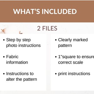 May include: A white card with black text outlining the contents of a digital sewing pattern. The text reads "What's Included" and "2 Files". The files include step-by-step photo instructions, fabric information, instructions to alter the pattern, a clearly marked pattern, a 1-inch square to ensure correct scale, and print instructions.
