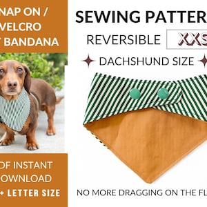 Könnte beinhalten: Nähmuster für ein wendbares Hundehalstuch in Größe XXS, geeignet für Dackel. Das Muster zeigt auf der einen Seite einen grün-weiß gestreiften Stoff und auf der anderen Seite einen einfarbigen braunen Stoff. Das Halstuch ist mit einem Druckknopfverschluss und Klettverschluss für eine einfache Anpassung ausgestattet. Das Muster ist zum sofortigen Download in den Formaten A4 und Letter verfügbar.