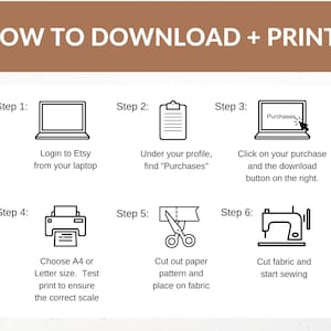 May include: A six-step guide on how to download and print a digital pattern. The steps are illustrated with icons: a laptop, a file folder, a laptop with a download button, a printer, scissors cutting paper, and a sewing machine.
