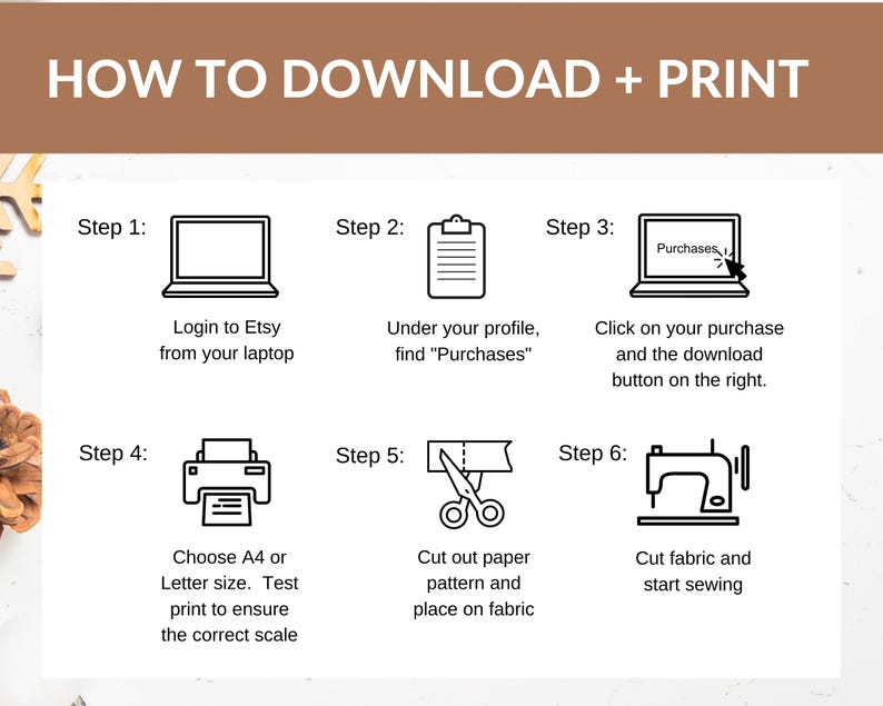 May include: A six-step guide on how to download and print a digital pattern. The steps are illustrated with icons: a laptop, a file folder, a laptop with a download button, a printer, scissors cutting paper, and a sewing machine.
