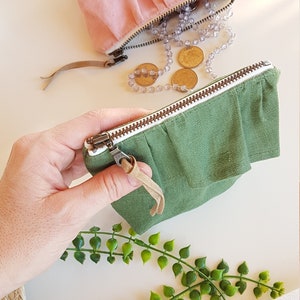 Handmade small ruffle linen pouch. Mini zip coin purse. Headphone credit card holder. Minimalist wallet pouch. Aesthetic small storage bag. Army green