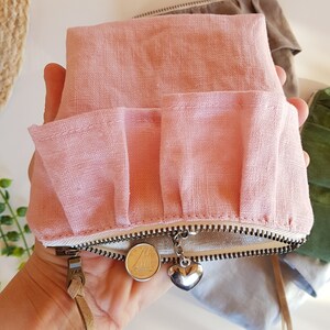 Handmade small ruffle linen pouch. Mini zip coin purse. Headphone credit card holder. Minimalist wallet pouch. Aesthetic small storage bag. Baby pink