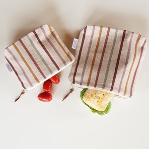 Multi-purpose wet bag. Reusable snack sandwich bags. Organic cotton food safe lining. Travel pouch. Cute stripe linen look zero waste kit.