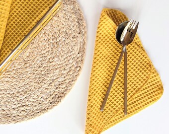 Eco-Friendly Reusable Cloth Unpaper Towels, Waffle Weave cotton Zero Waste Cleaning Wipes. Set of 6 yellow ocher Sustainable Kitchen Napkins