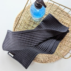 Elegant black waffle cotton hanging hand towel. Tea towel for Kitchen and Housewarming Gift. Absorbent towel with loop or without loop.