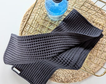 Elegant black waffle cotton hanging hand towel. Tea towel for Kitchen and Housewarming Gift. Absorbent towel with loop or without loop.