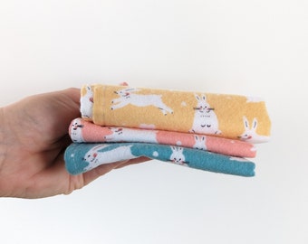 Organic cotton handkerchief. Zero waste tissues. 3 hankies set + storage bag. Bunny print flannel handkerchiefs. Soft cute reusable tissues