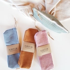 Wetbag with organic waterproof lining. Toothbrush case. Waffle weave cosmetic bag. Makeup brush case. Cute pencil pouch Ecofriendly products